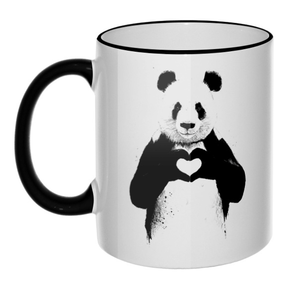 Кружка Панда с сердечком с цветным ободком и ручкой, цвет черный