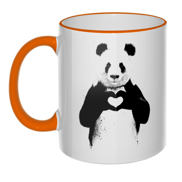 Кружка Панда с сердечком с цветным ободком и ручкой, цвет оранжевый