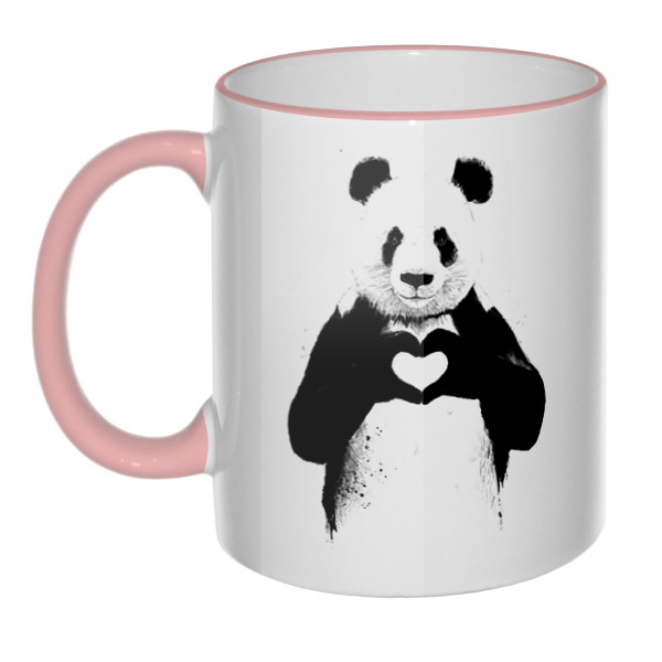 Кружка Панда с сердечком с цветным ободком и ручкой, цвет розовый