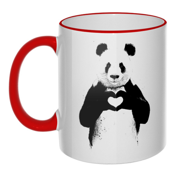 Кружка Панда с сердечком с цветным ободком и ручкой, цвет красный