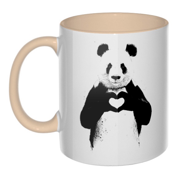 Панда с сердечком, кружка цветная внутри и ручка, цвет бежевый