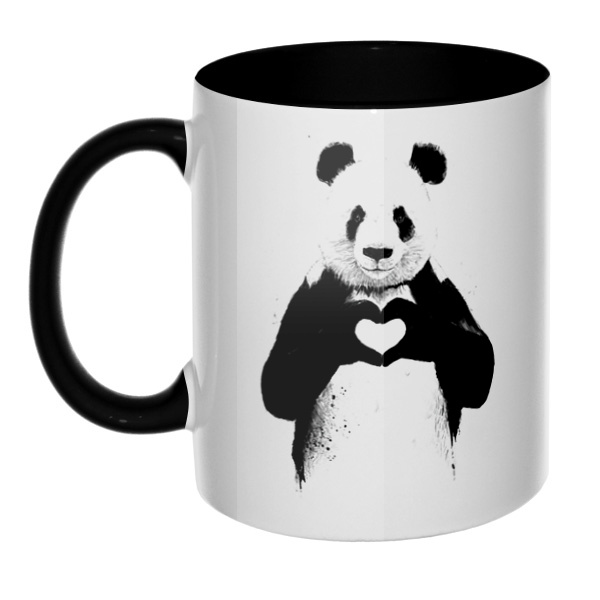 Панда с сердечком, кружка цветная внутри и ручка, цвет черный