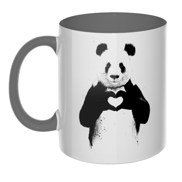 Панда с сердечком, кружка цветная внутри и ручка, цвет серый