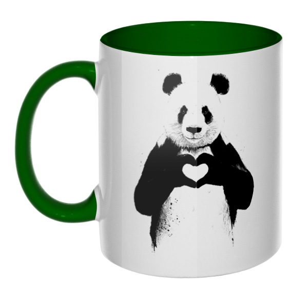 Панда с сердечком, кружка цветная внутри и ручка, цвет зеленый