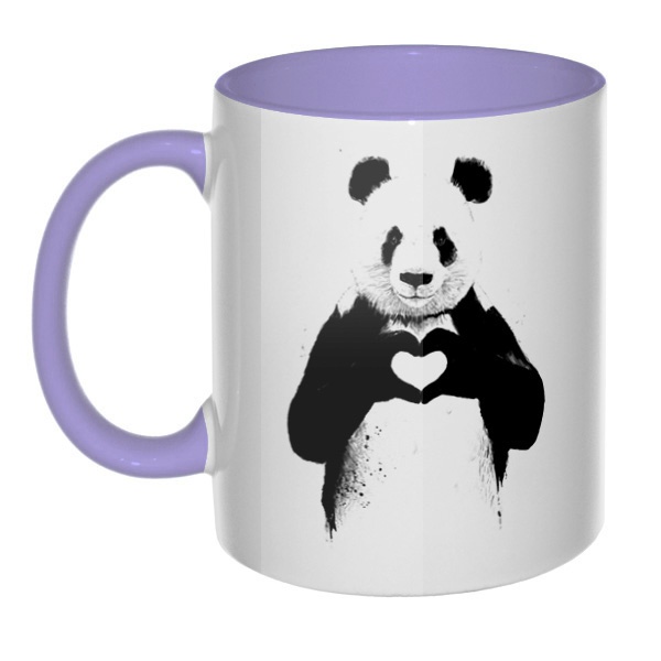 Панда с сердечком, кружка цветная внутри и ручка, цвет лавандовый