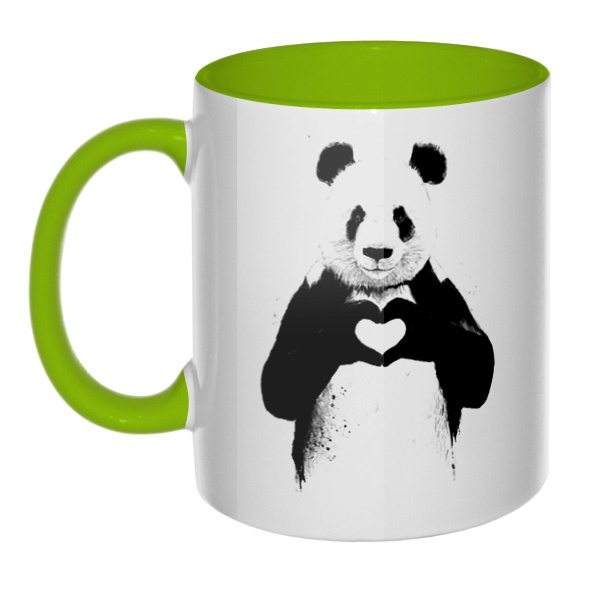 Панда с сердечком, кружка цветная внутри и ручка, цвет салатовый
