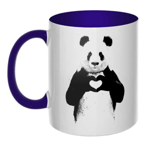 Панда с сердечком, кружка цветная внутри и ручка, цвет темно-синий