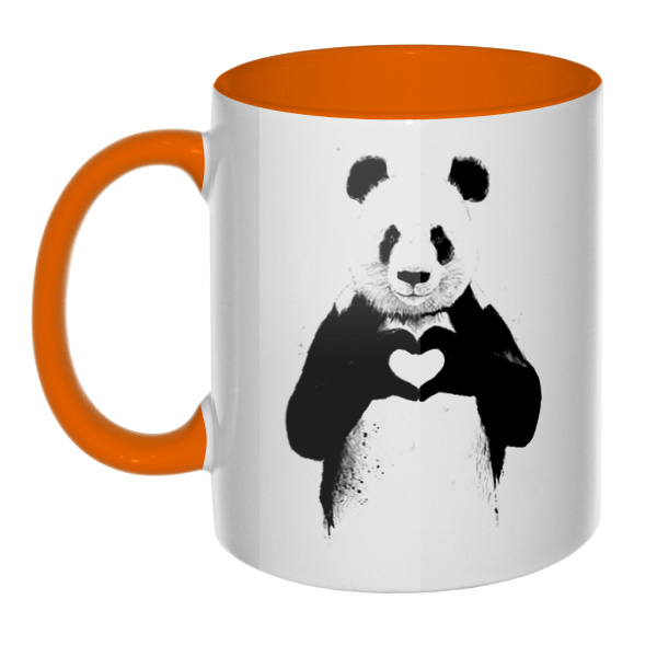 Панда с сердечком, кружка цветная внутри и ручка, цвет оранжевый