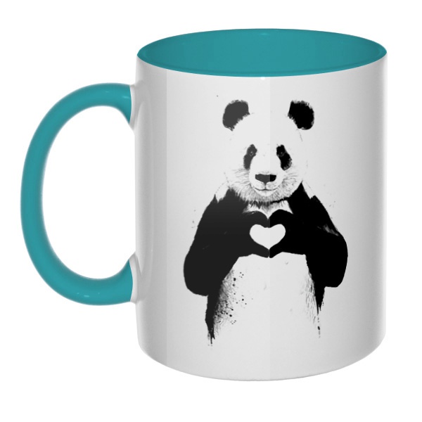 Панда с сердечком, кружка цветная внутри и ручка, цвет бирюзовый