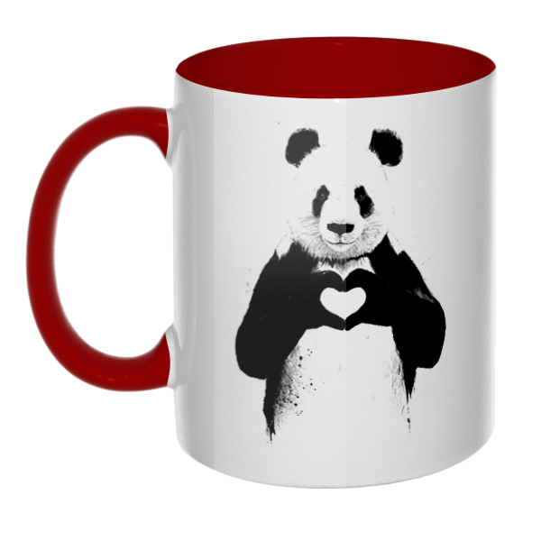 Панда с сердечком, кружка цветная внутри и ручка, цвет бордовый