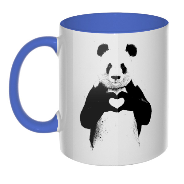Панда с сердечком, кружка цветная внутри и ручка, цвет лазурный