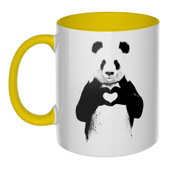 Панда с сердечком, кружка цветная внутри и ручка, цвет желтый