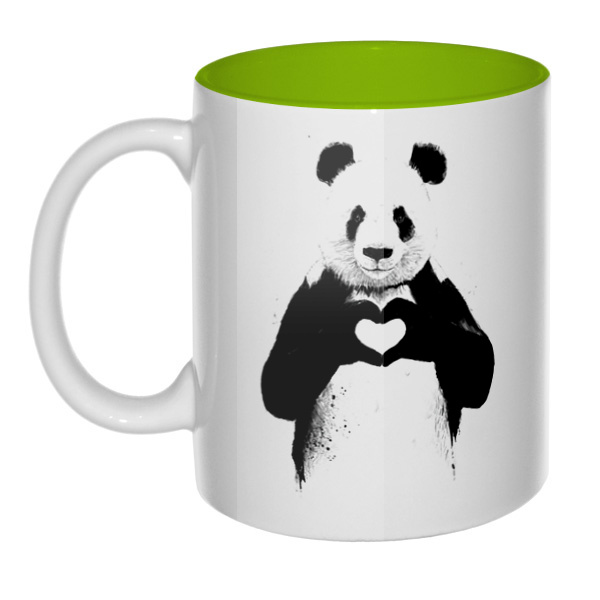 Панда с сердечком, кружка цветная внутри , цвет салатовый