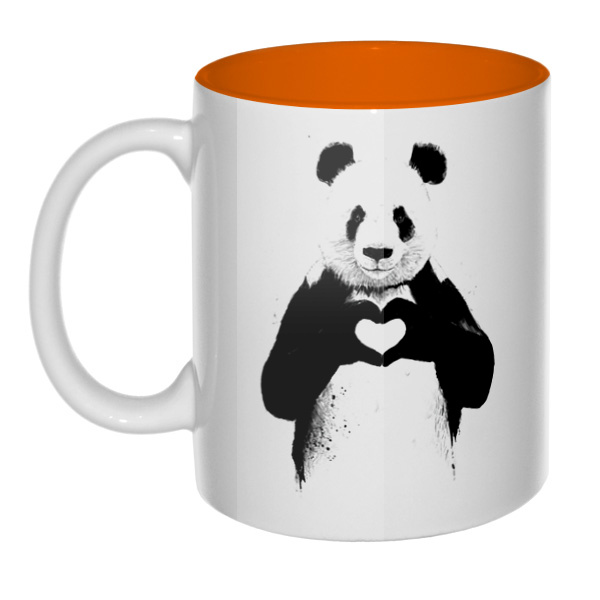 Панда с сердечком, кружка цветная внутри , цвет оранжевый