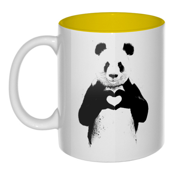 Панда с сердечком, кружка цветная внутри , цвет желтый