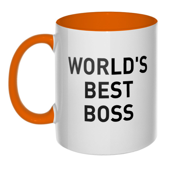 Лучший босс в мире, кружка цветная внутри и ручка, цвет оранжевый