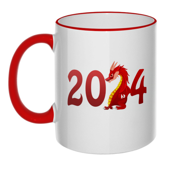 Кружка Новогодний дракон 2024 с цветным ободком и ручкой, цвет красный