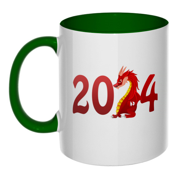 Новогодний дракон 2024, кружка цветная внутри и ручка, цвет зеленый
