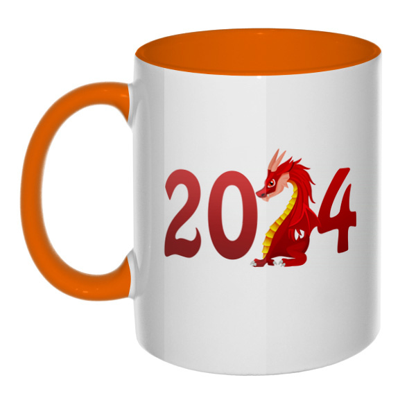 Новогодний дракон 2024, кружка цветная внутри и ручка, цвет оранжевый