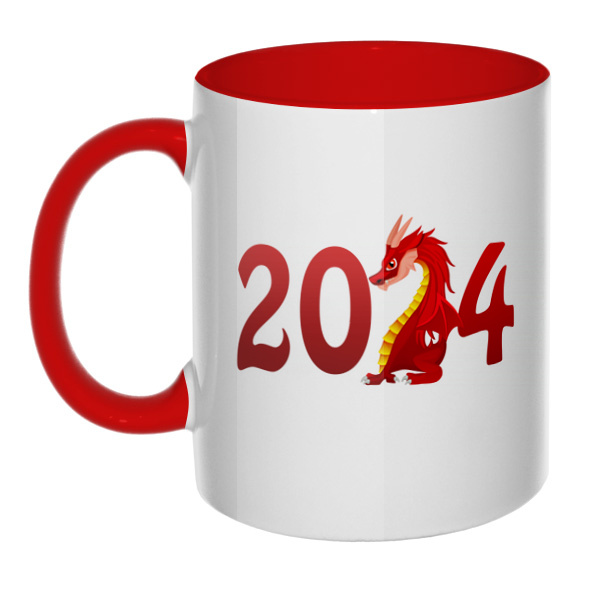 Новогодний дракон 2024, кружка цветная внутри и ручка, цвет красный