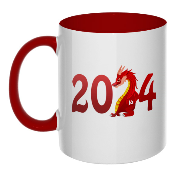 Новогодний дракон 2024, кружка цветная внутри и ручка, цвет бордовый