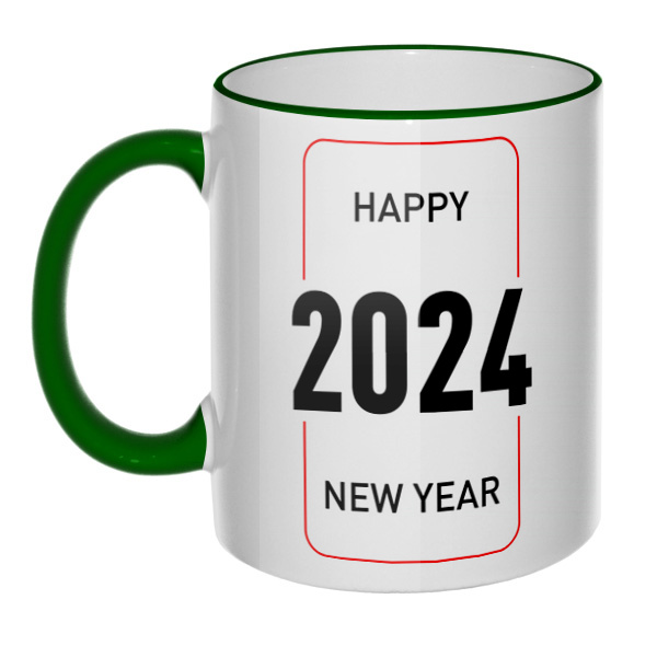 Кружка Happy New Year 2024 с цветным ободком и ручкой, цвет зеленый