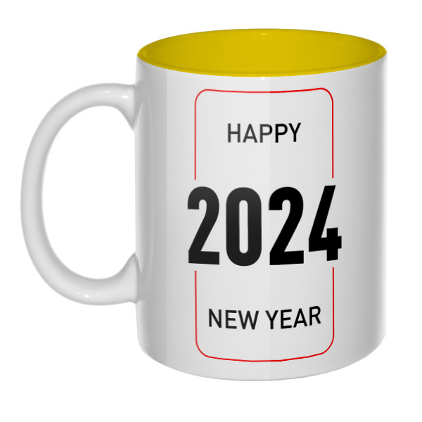 Happy New Year 2024, кружка цветная внутри , цвет желтый